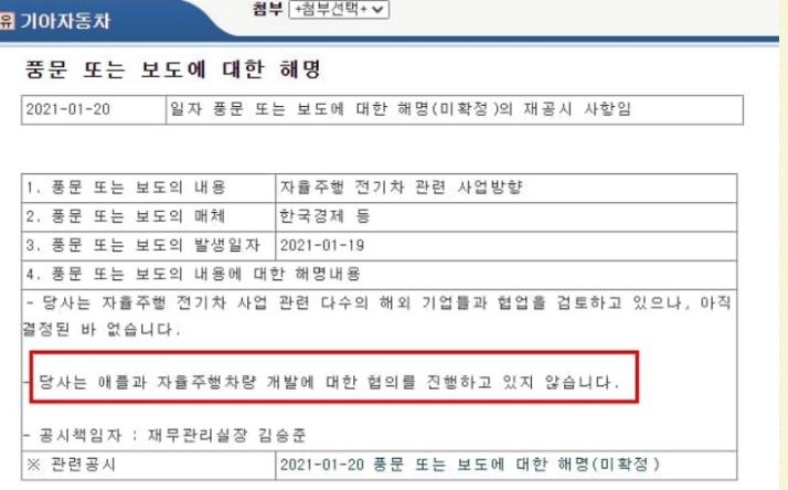  애플과 현대-기아의 협업은 사실무근.  공식발표. 현대,기아차 주식 하락.