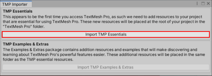 코더제로 유니티 매뉴얼 TextMesh Pro TMP Essentials 가져오기 : Import TMP Essentials 클릭