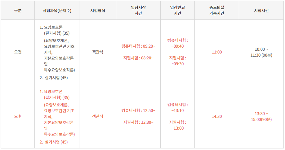 요양보호사 기출문제 시험시간표