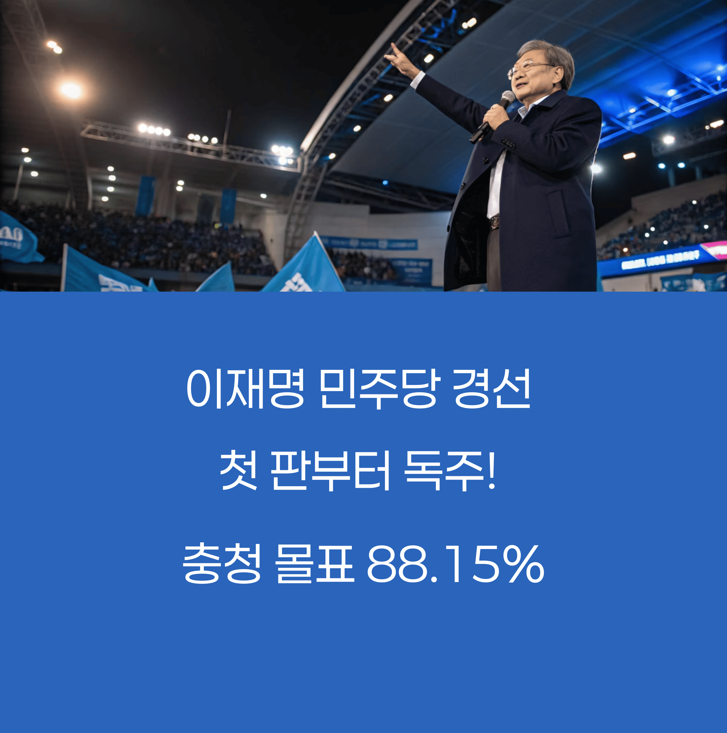 이재명, 민주당 경선 첫 판부터 독주! 충청 몰표 88.15%