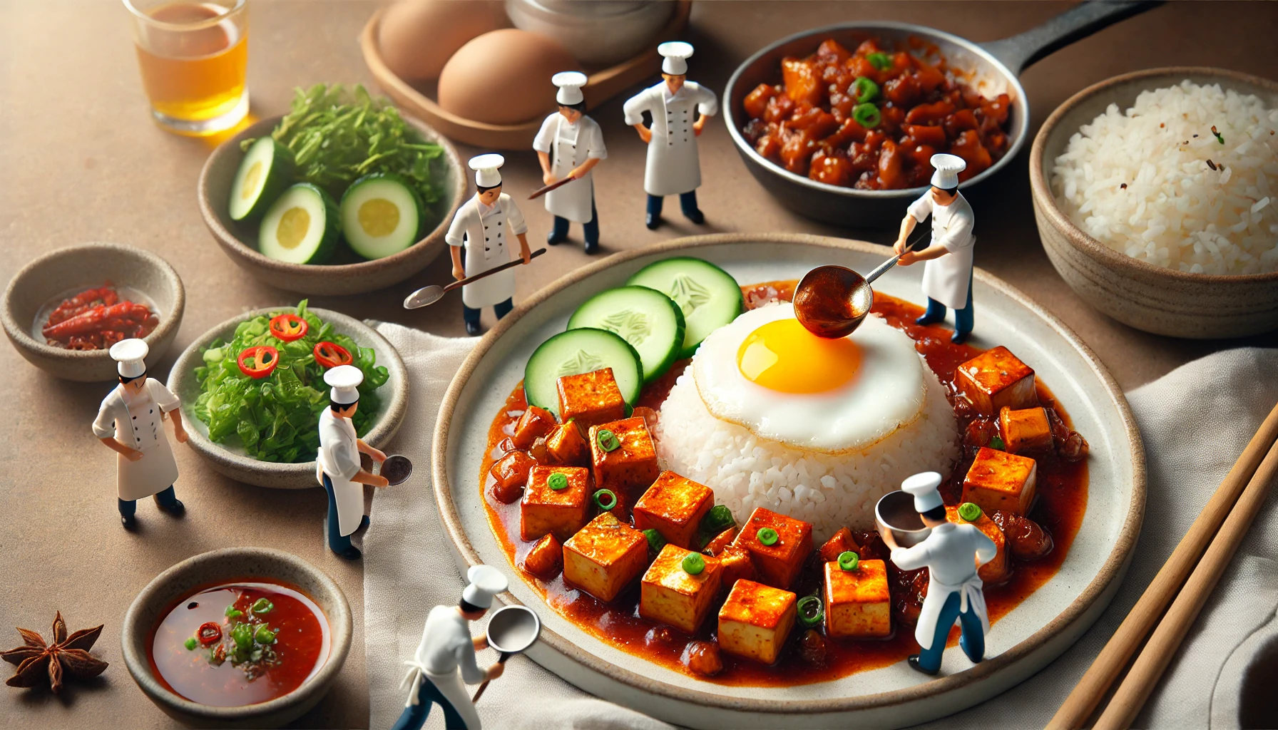 마파두부 플레이팅, 곁들임 음식과 함께 정갈하게 차려진 매콤한 두부 요리