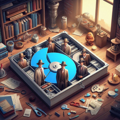 회전하는 원판 모양의 디지털 기계가 있는 책상 위에 여러 사람이 모여 있는 모습.