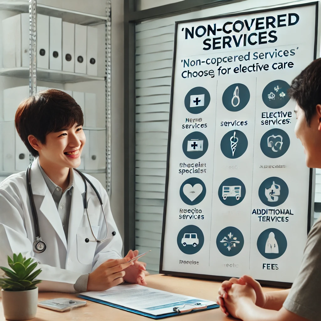 병원에서 환자가 의사와 선택 진료에 대해 상담하는 모습, 선택 진료비와 추가 비용을 설명하는 표지판 포함