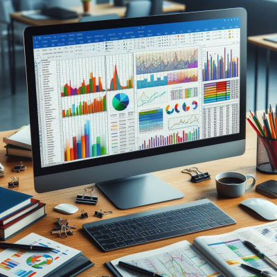 여러 대의 컴퓨터 화면에 다양한 그래프와 차트가 표시된 작업 환경