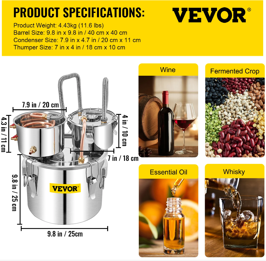  VEVOR 알코올 양조 증류기, DIY 문샤인 장치, 위스키 맥주 브랜디