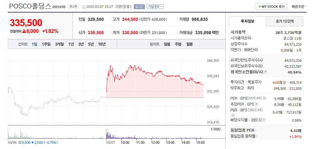 포스코홀딩스 주가