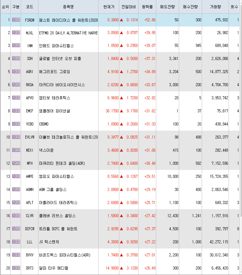  3월24일 미국주식 상승률 상위 종목 TOP 300