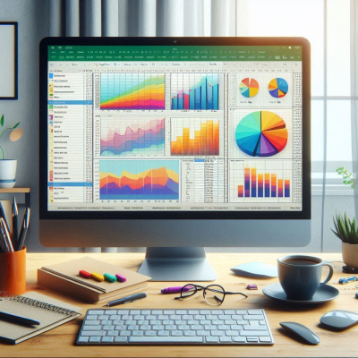책상 위에서 다양한 차트와 그래프를 통해 데이터 분석을 하는 모습입니다.