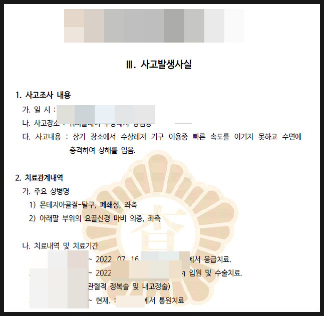 수상레저 빠지사고 실제 보상사례 (탈구 / 요골신경 마비)