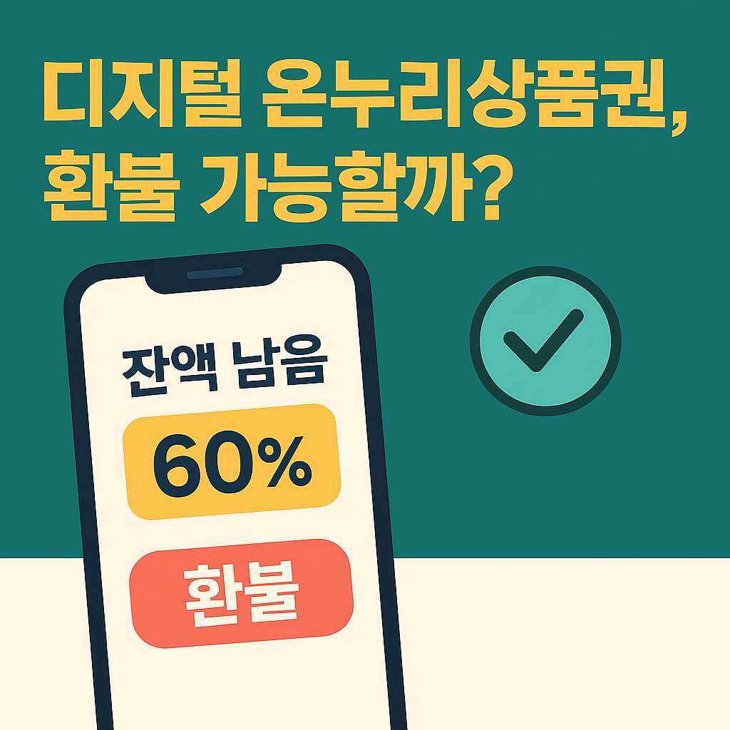 2025년 디지털 온누리상품권 환불 가능 여부를 안내하는 썸네일 이미지, 스마트폰 화면에 잔액 60%와 환불 버튼이 강조되어 있음