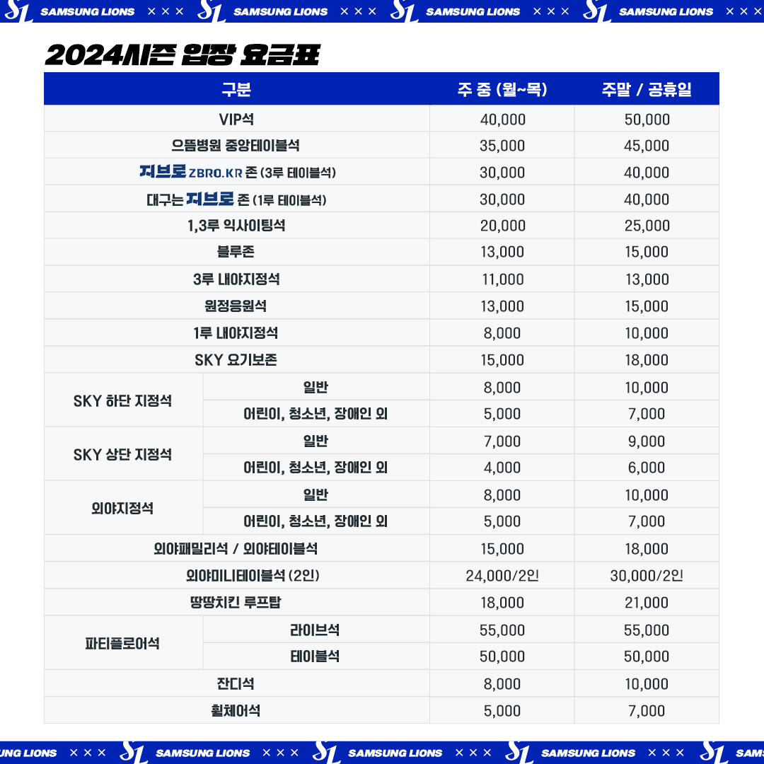 2024년 삼성라이온즈 티켓 할인 예매 및 좌석 안내, 무료주차, 경기일정 및 결과