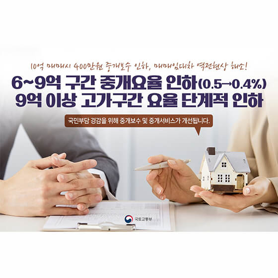  부동산 중개 시 부담을 낮추기 위해 중개보수를 인하! •6~9억원 0.4% •9~12억 0.5% •12~15억 0.6% •15억 이상 0.7%