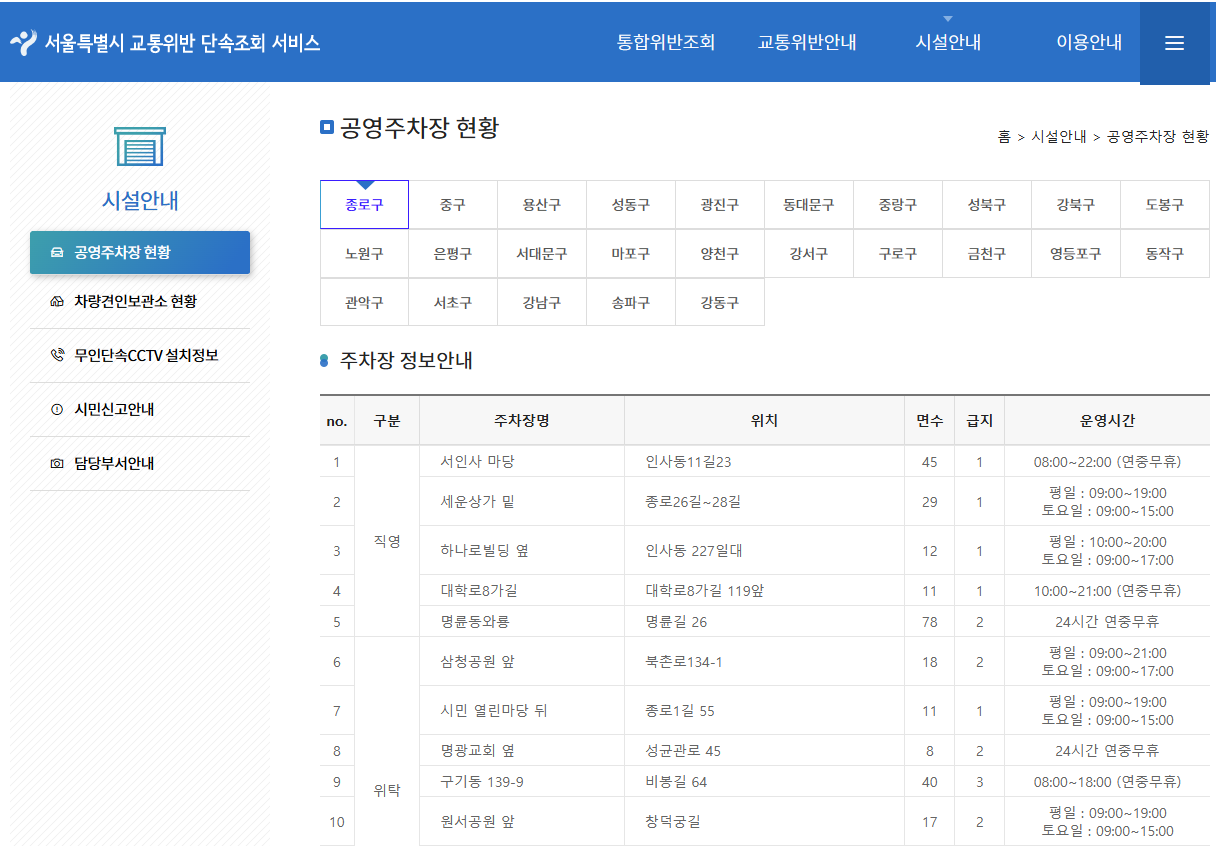 서울 공영주차장 위치 요금 운영시간