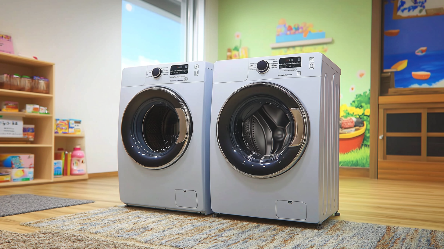 삼성과 LG 세탁기를 나란히 비교한 쇼룸 이미지로, 삼성의 WA25B8377KV가 디자인과 기술 특징으로 돋보임.