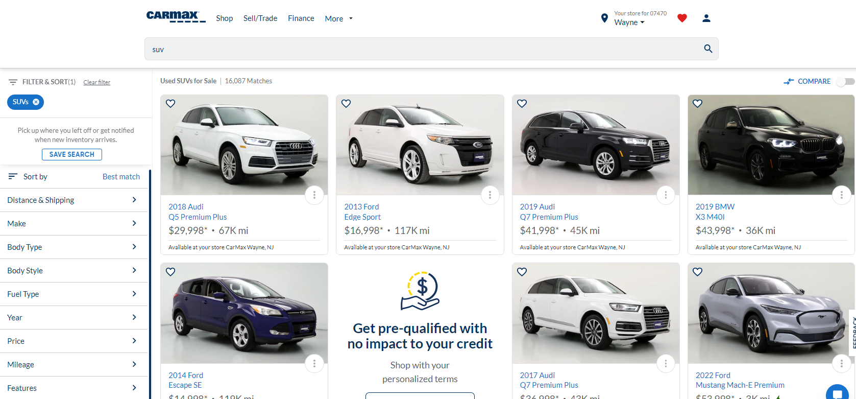 CarMax 웹사이트, 검색필터
