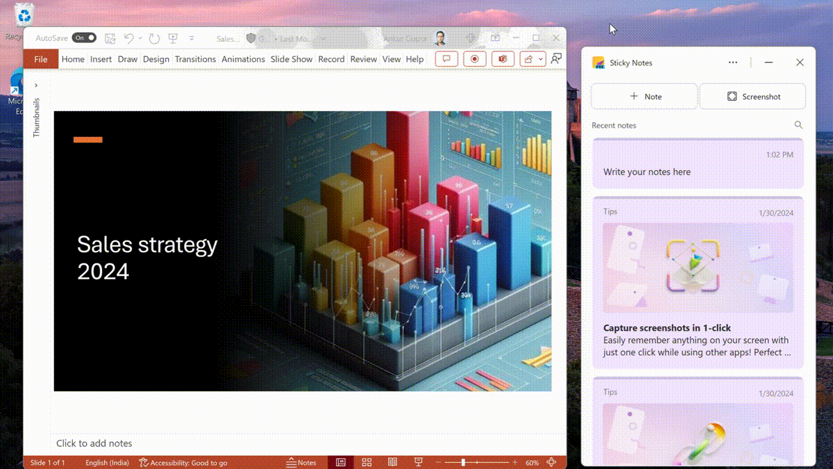 스티커 메모(Sticky Notes) 앱을 통한 화면 캡처(영문 버전)
