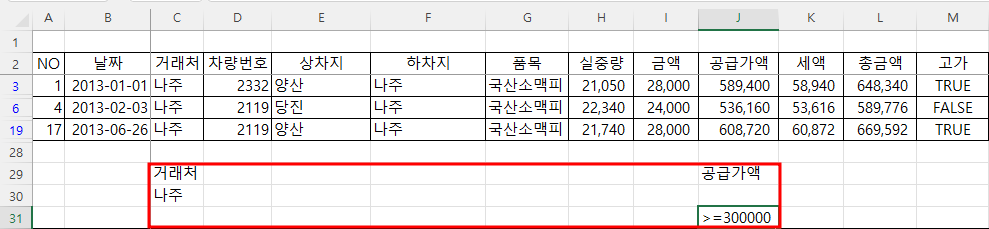 고급 필터 - 다중 필터 조건 설정 or and