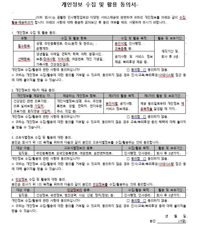  개인정보 수집 및 활용 동의서
