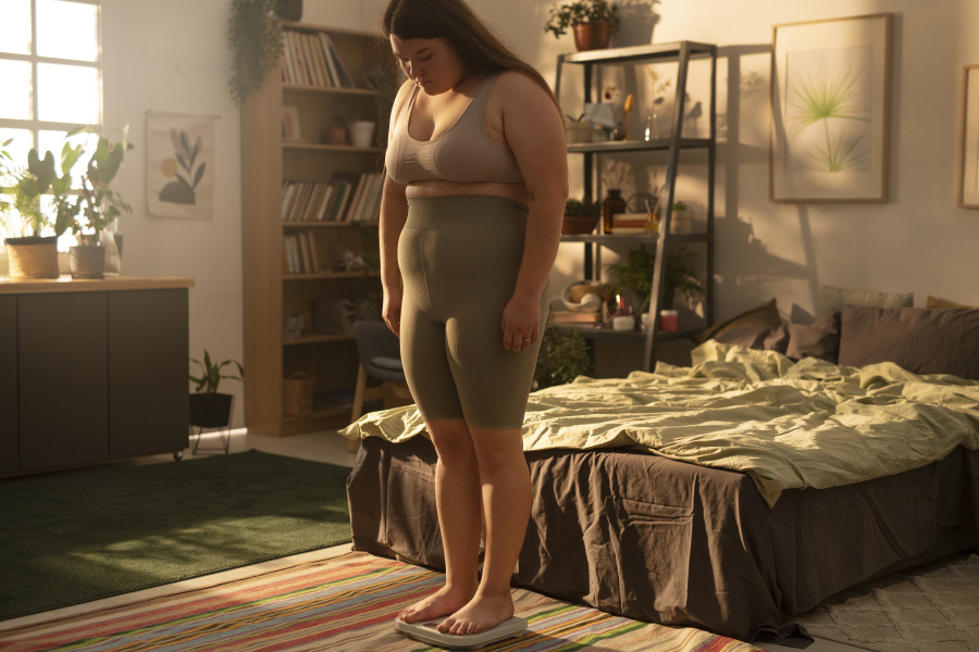 체중을 재기 위해서 체중계 위에 올라가서 밑을 보면서 체중이 얼마나 나가는지를 확인하고 있는 여성 사진