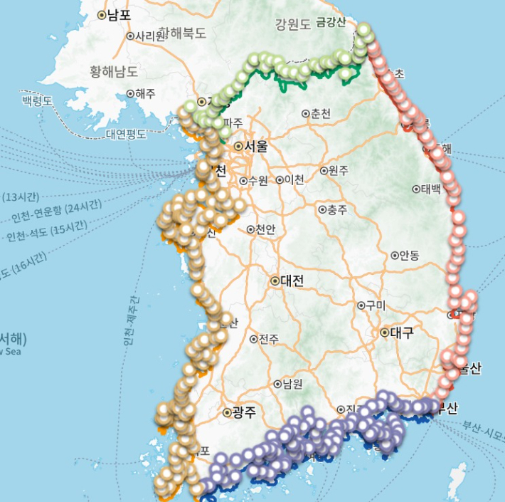 코리아둘레길 지역코스 대한민국전도