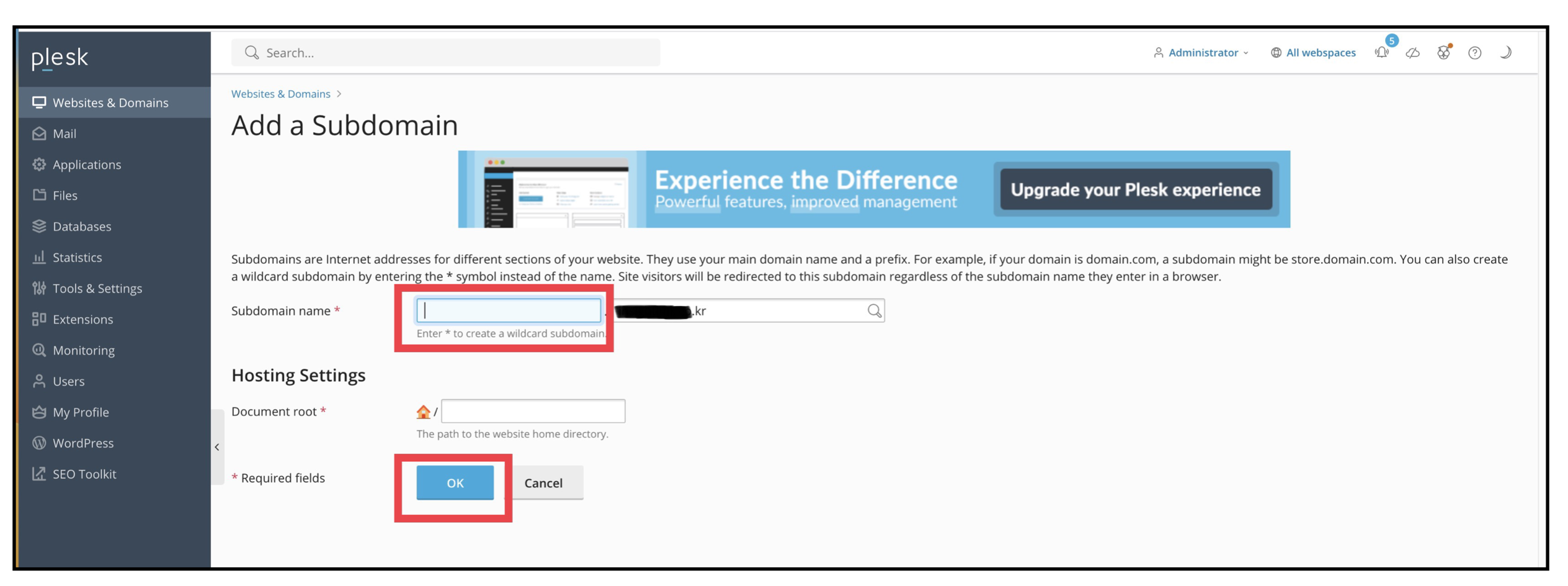 서브도메인 이름을 입력