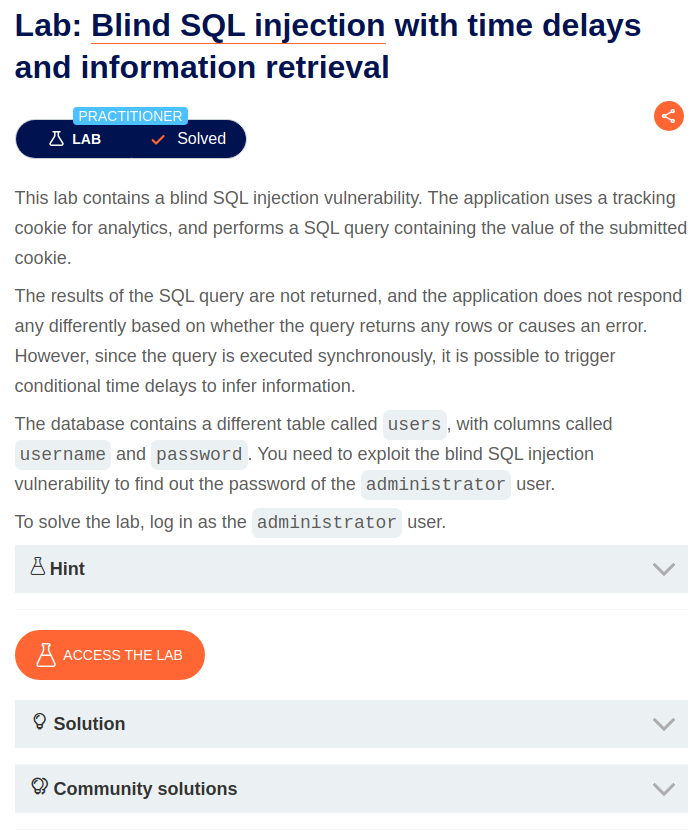 Lab Blind SQL injection with time delays and information retrieval