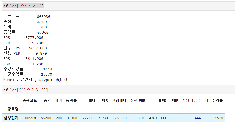 df.loc[ ] 과 df.loc[[ ]] 결과