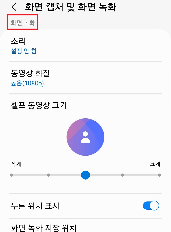 화면 녹화 세부 설정 화면 보임