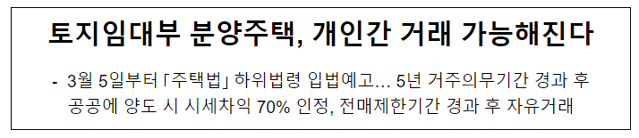  토지임대부 분양주택, 개인간 거래 가능해진다