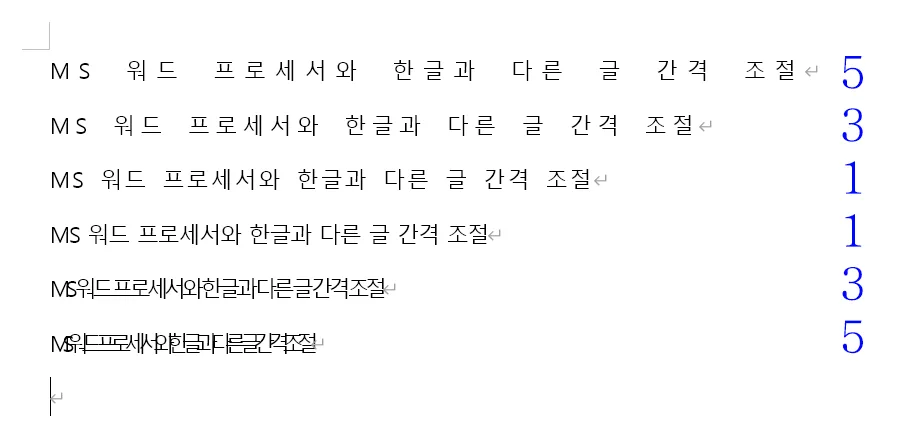 ms 워드에서 글꼴에서 글자 간격 설정 후의 모습
