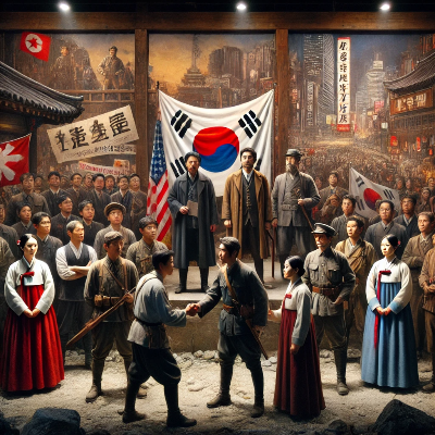 일제강점기 배경, 친일파와 독립운동가가 대비되는 역사적 장면을 압축적으로 표현하는 이미지