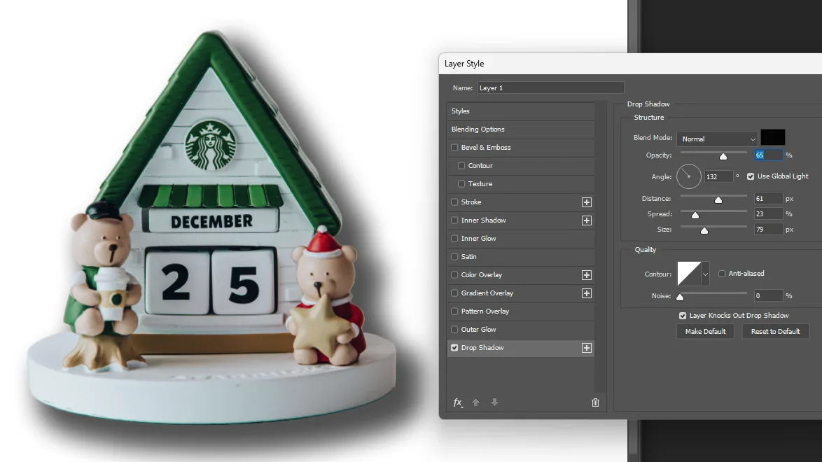 어도비 포토샵에서 레이어 스타일에서 그림자 넣는 모습