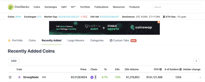  [StrongNode] CoinMarketCap, QuickSwap에서 TGE, 그리고 이제 CoinGecko에서 $SNE를 찾아볼 수 있습니다!