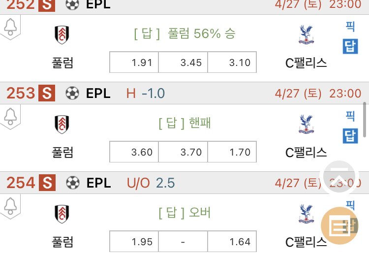 [진짜총판] 4월27일 풀럼 VS C팰리스 해외축구분석
