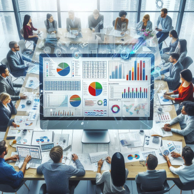 그래프와 차트를 분석하는 팀원들이 회의하는 모습.