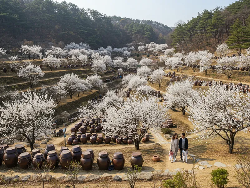 2025년 봄, 광양 매화마을의 만개한 매화꽃과 장독대가 어우러진 아름다운 풍경 속에서 가족이 봄나들이를 즐기고 있다.