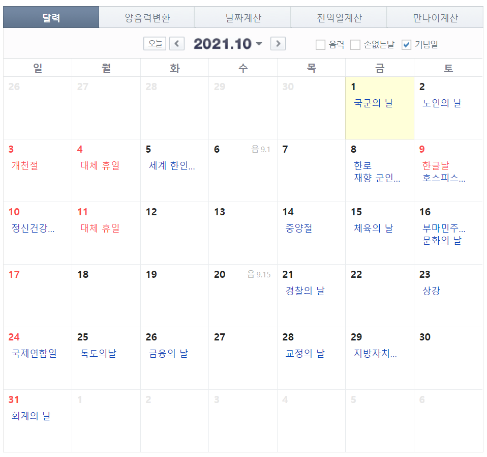  10월 대체공휴일 및 대체휴일