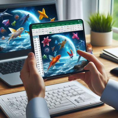 "다양한 캐릭터들 앞에서 작업하는 키보드와 컴퓨터 화면."