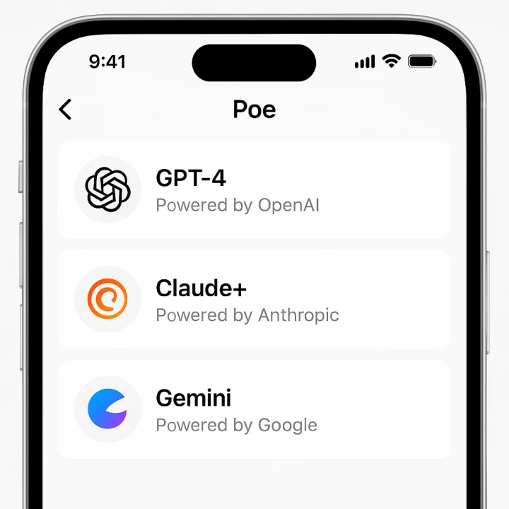 Poe 앱에서 GPT-4, Claude, Gemini 선택 화면
