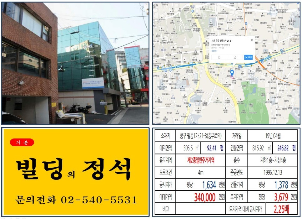  [중구 충무로 인쇄소거리 30억 꼬마빌딩 실거래가 조회] 필동1가 21-8 (충무로역) 34억 원, 평당 3,679만 원 매매되었습니다. 서울역