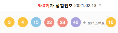  950회차 로또 당첨번호 (1등 당첨자는 8명으로 당첨금은 32억 8192만 원)