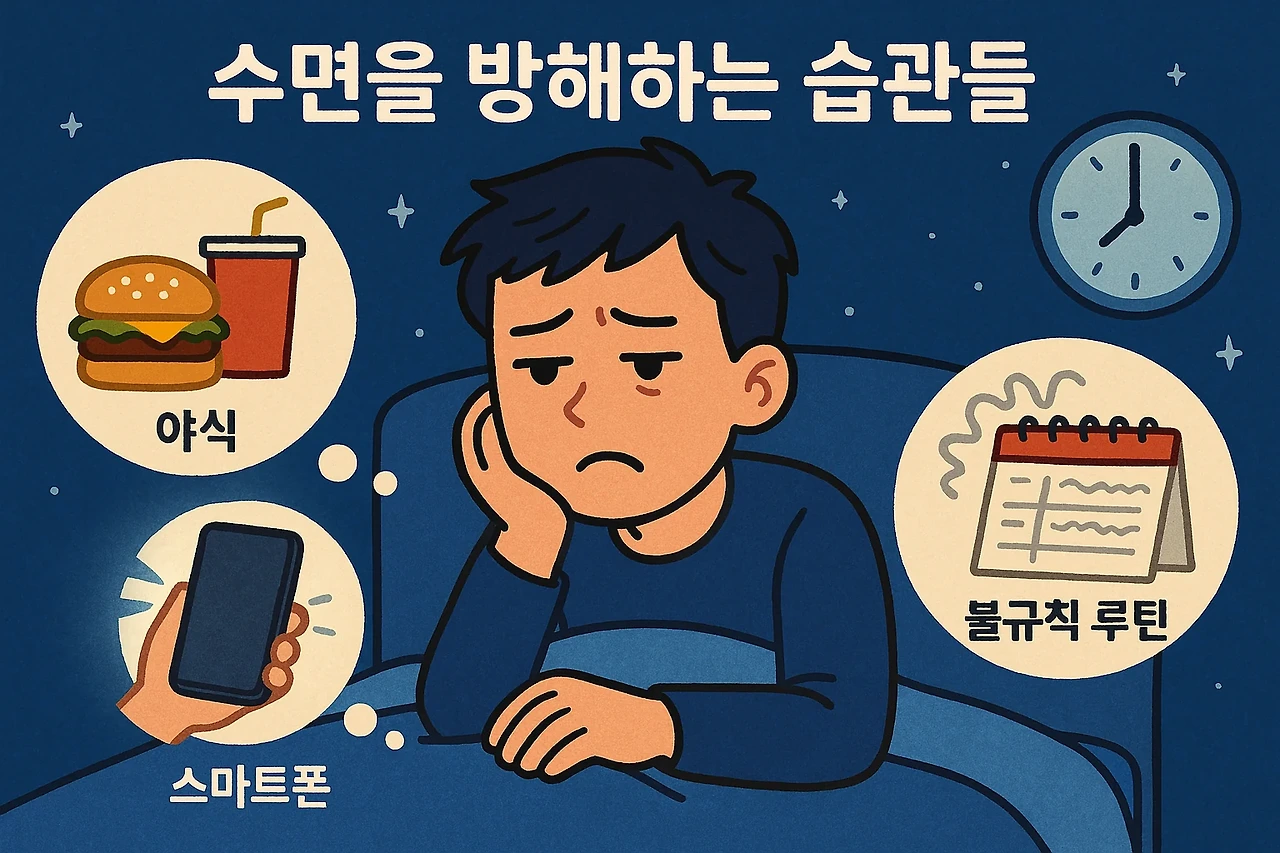 수면을 방해하는 습관들 (야식, 스마트폰, 불규칙 루틴)