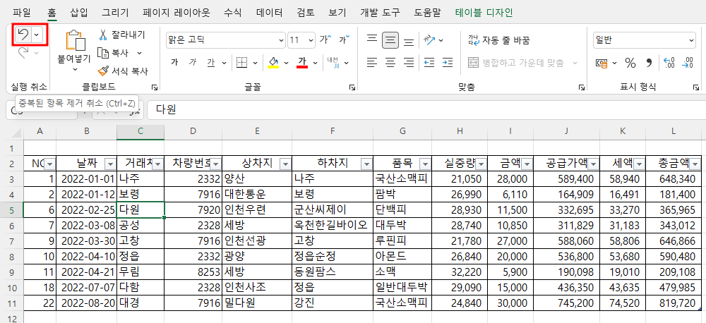 실행 취소 - 중복된 항목 제거 취소