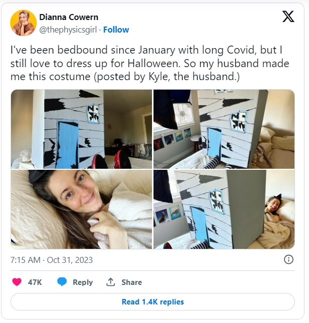 롱 코비드에 걸린 물리학 소녀 '디애나 코언'을 돌보는 남편 VIDEO: Husband Helps His Bedbound Wife Dress Up as the Wicked Witch of the East for Halloween