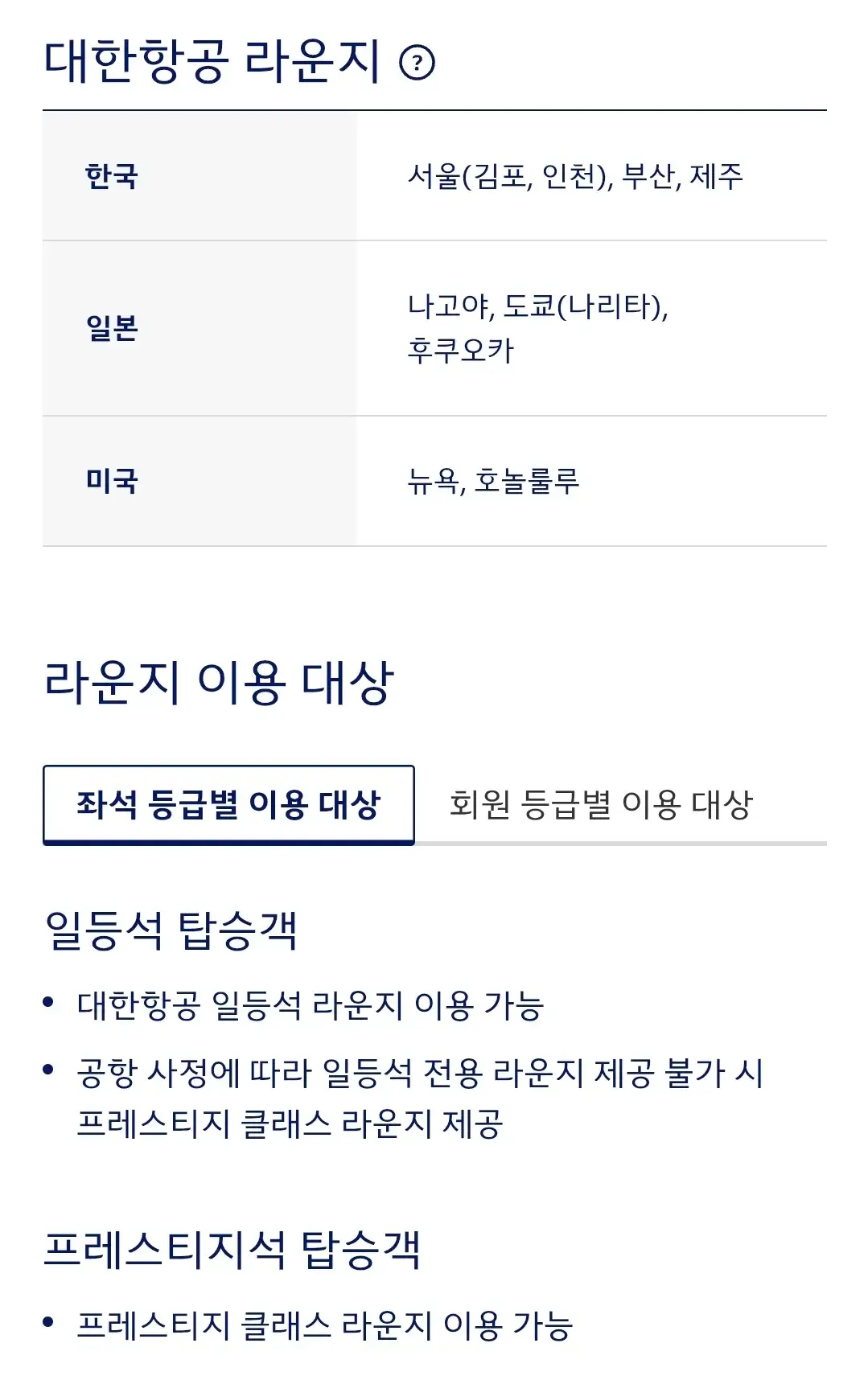 대한항공 국가별 직영 라운지 공항, 이용대상, 에티켓 등 이용안내