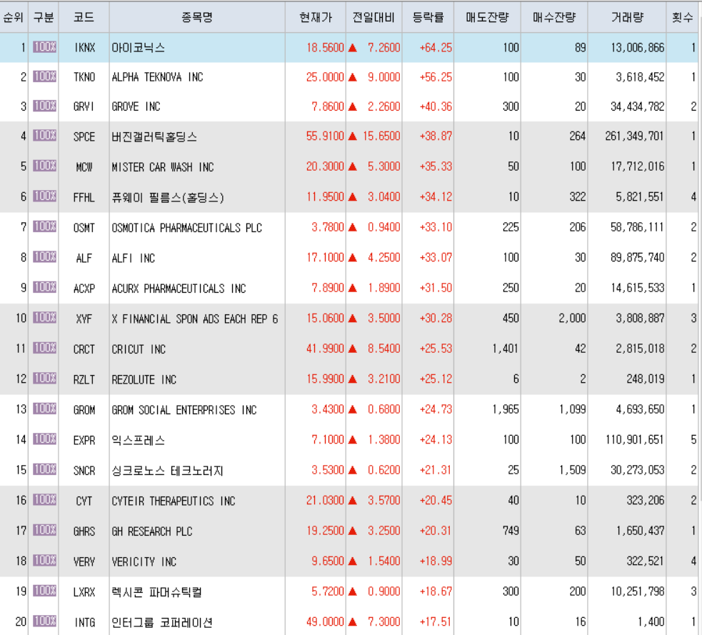  6월25일 미국주식 상승률 상위 종목 TOP 300