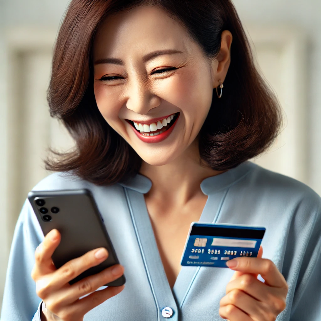 신용카드를 들고 환하게 웃는 40대 한국 여성