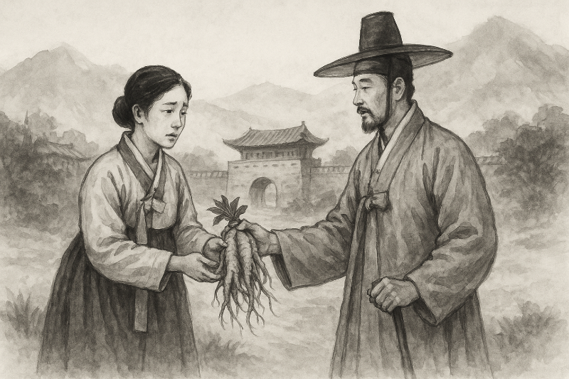 이춘풍이 인삼을 들고 길을 나서는 장면