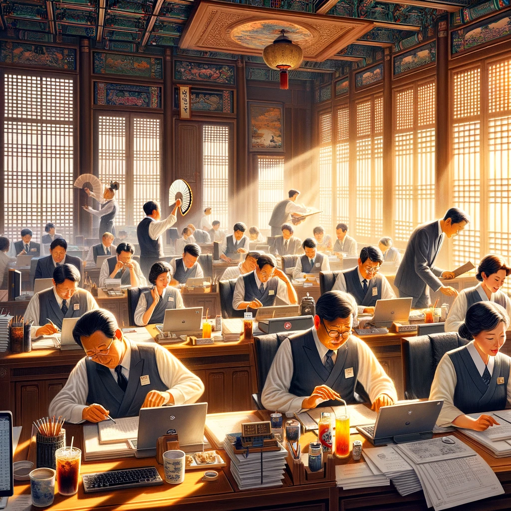 한국의 공무원들이 더운 여름날 사무실에서 열심히 일하는 모습을 다시 그렸습니다. 이 그림에서는 남녀 비율이 반반이 되도록 구성되어 있으며&amp;#44; 한국적인 요소들이 잘 표현되어 있습니다.