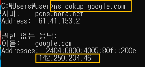 nslookup 도메인 이름 입력